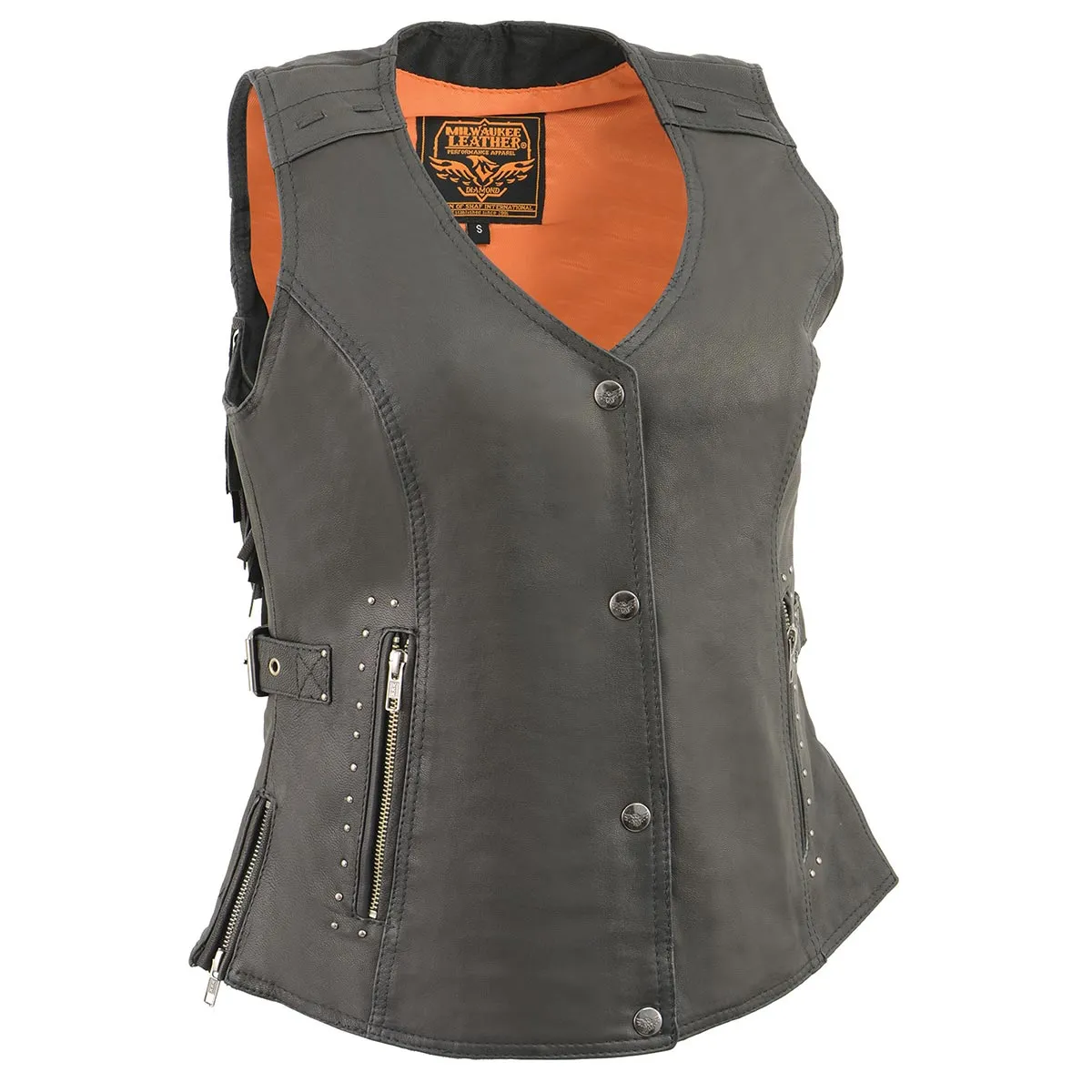 Milwaukee Leather MLL4565 Women's Black Fringed Leather Rivet Detail Side Buckle and Zipper Motorcycle Rider Vest