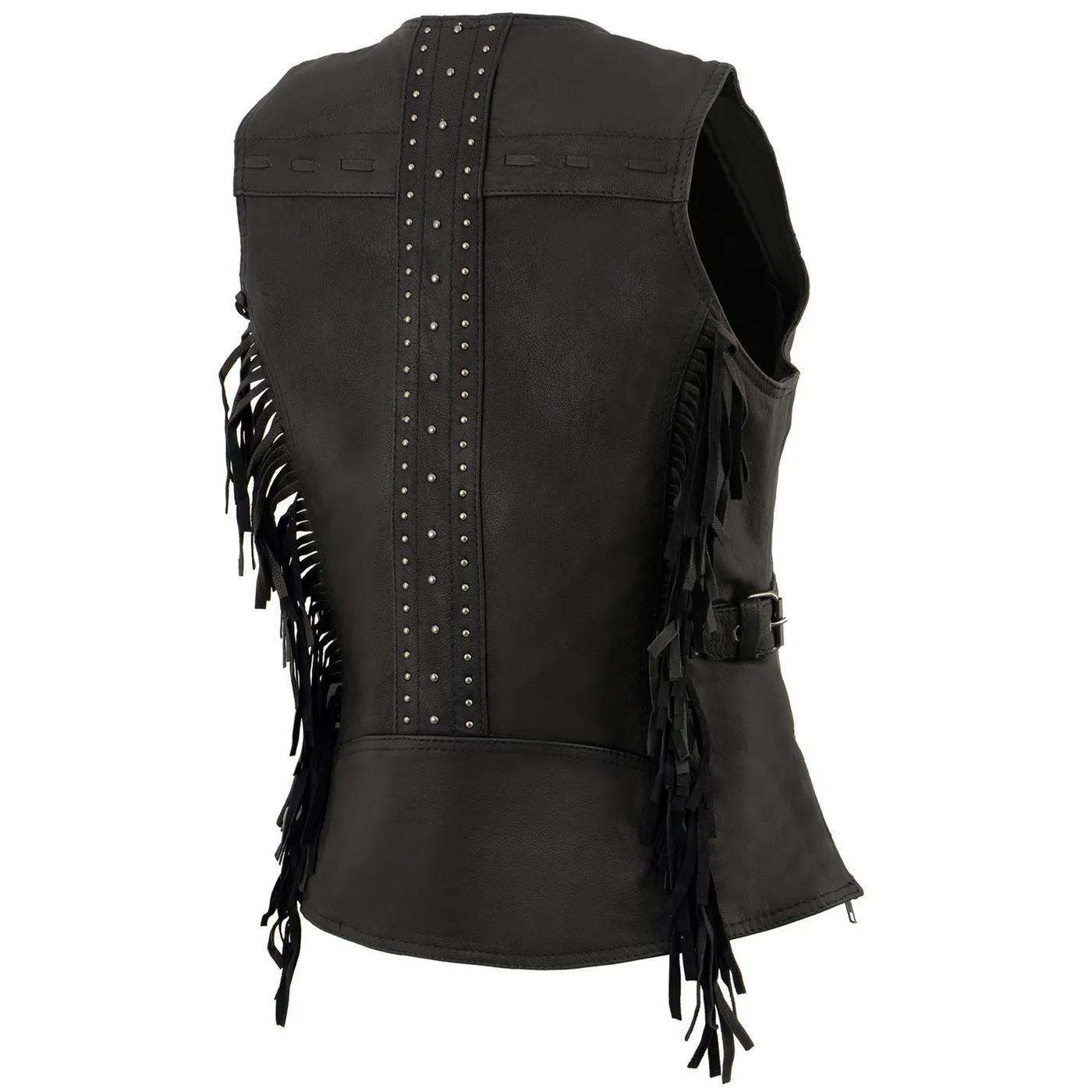 Milwaukee Leather MLL4565 Women's Black Fringed Leather Rivet Detail Side Buckle and Zipper Motorcycle Rider Vest