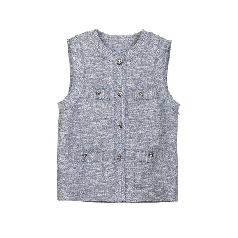 Mist Blue Tweed Vest Metal Buttons