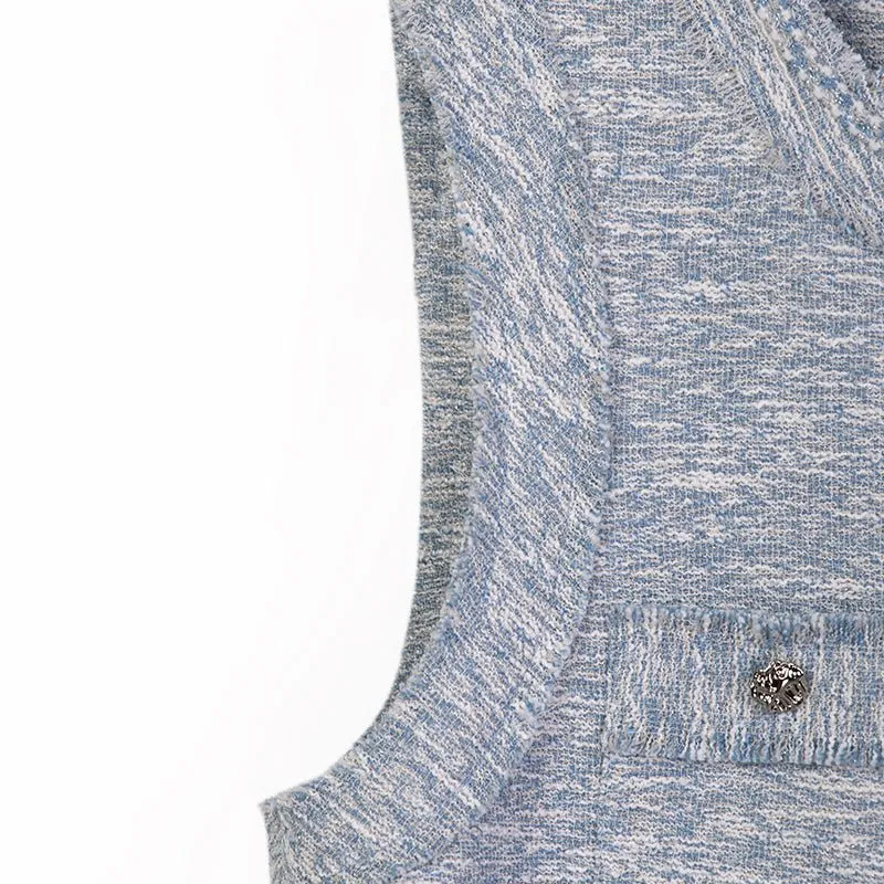 Mist Blue Tweed Vest Metal Buttons