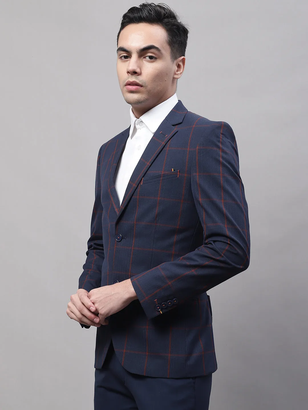 Navy Blue Checkered Full Sleeves Formal Blazer For Men