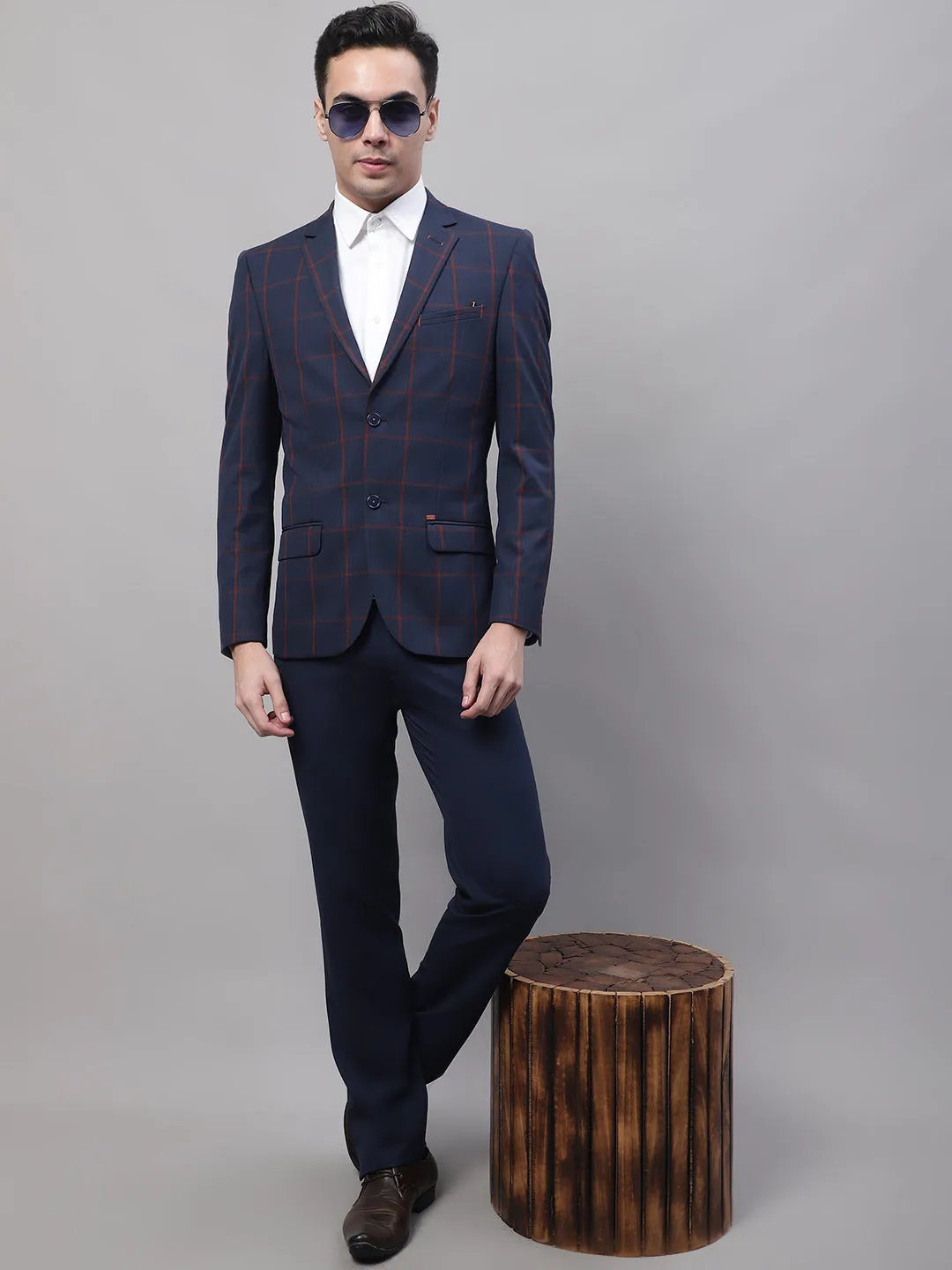 Navy Blue Checkered Full Sleeves Formal Blazer For Men