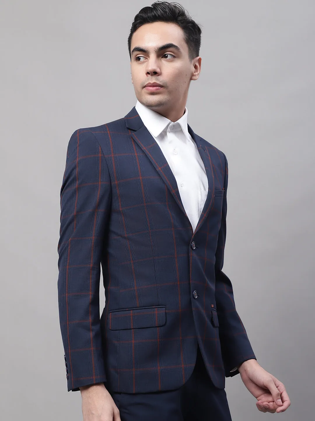 Navy Blue Checkered Full Sleeves Formal Blazer For Men