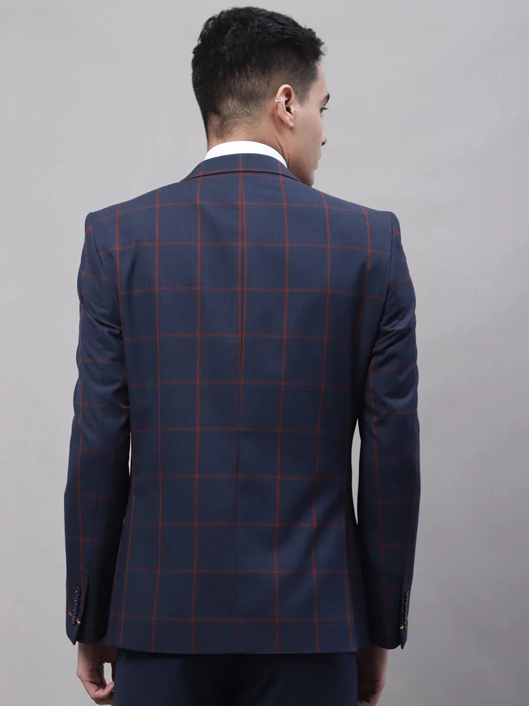 Navy Blue Checkered Full Sleeves Formal Blazer For Men