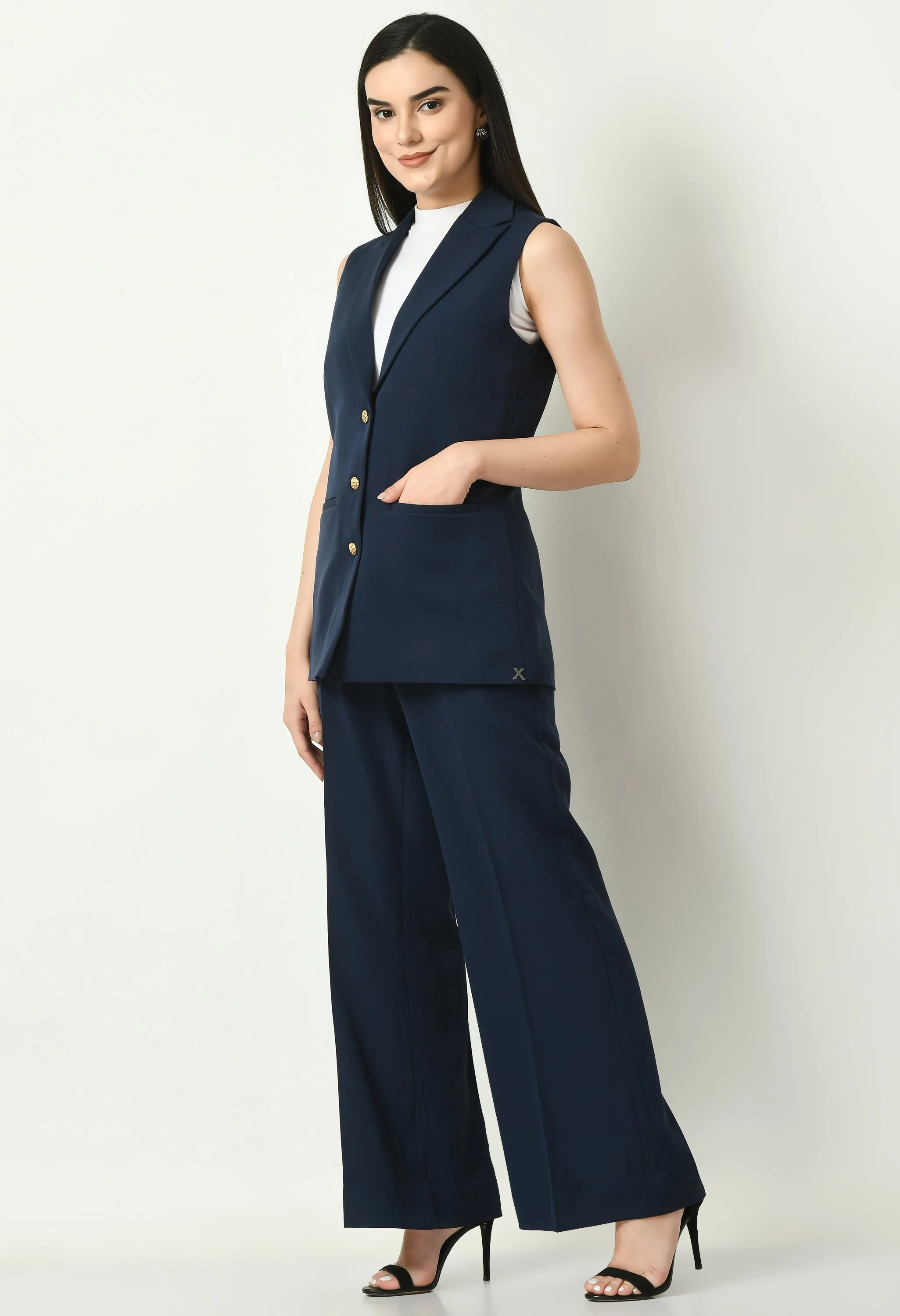 Navy Blue Cotton Blend Meridian Sleeveless Long Blazer