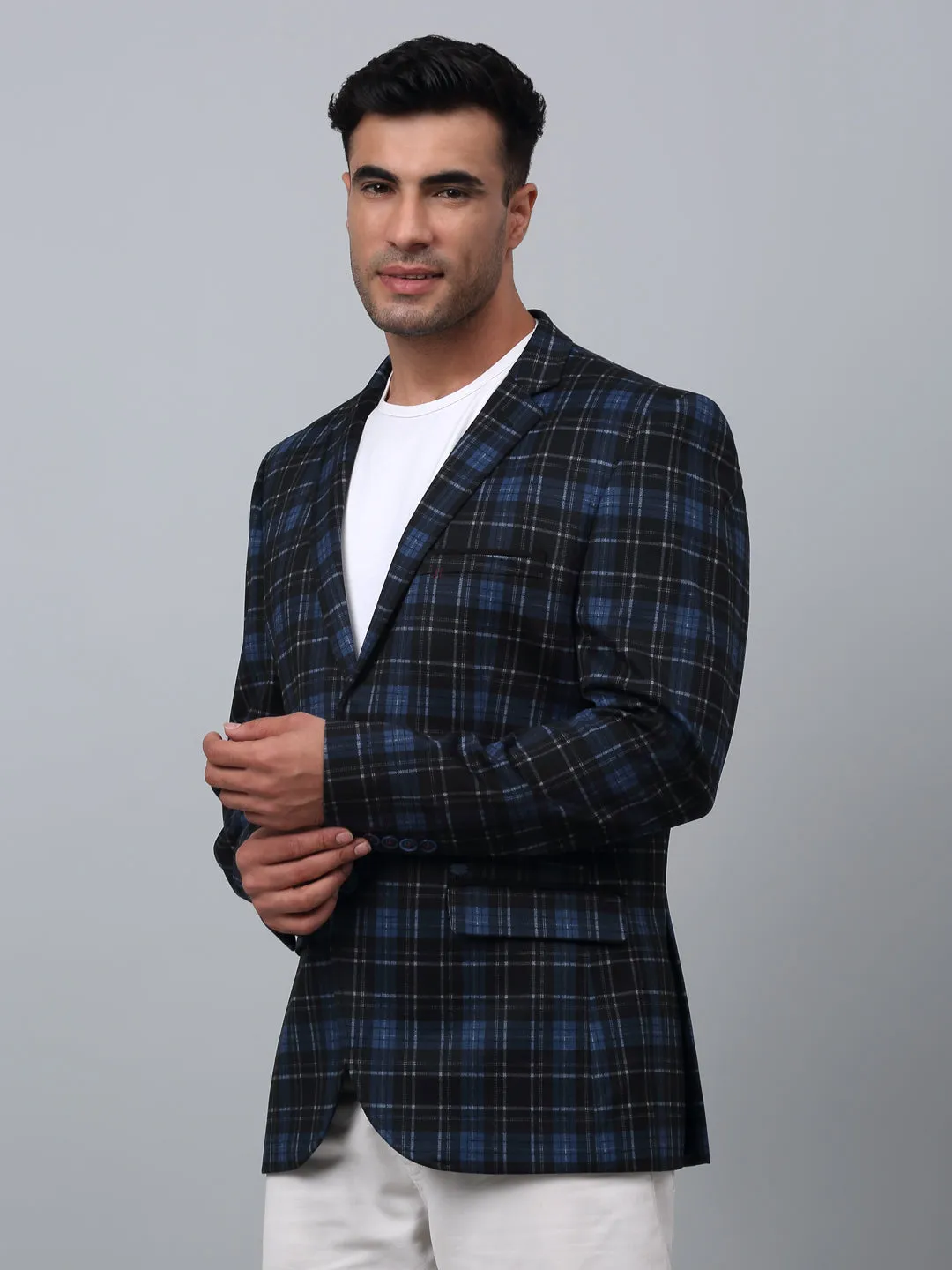 Navy Checkered Full Sleeves Casual Blazer For Men