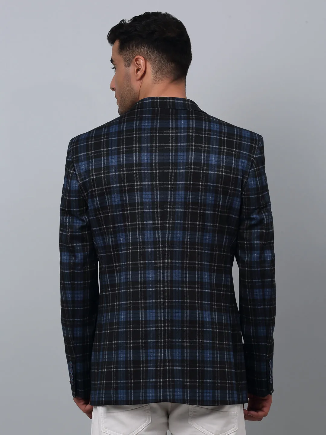 Navy Checkered Full Sleeves Casual Blazer For Men