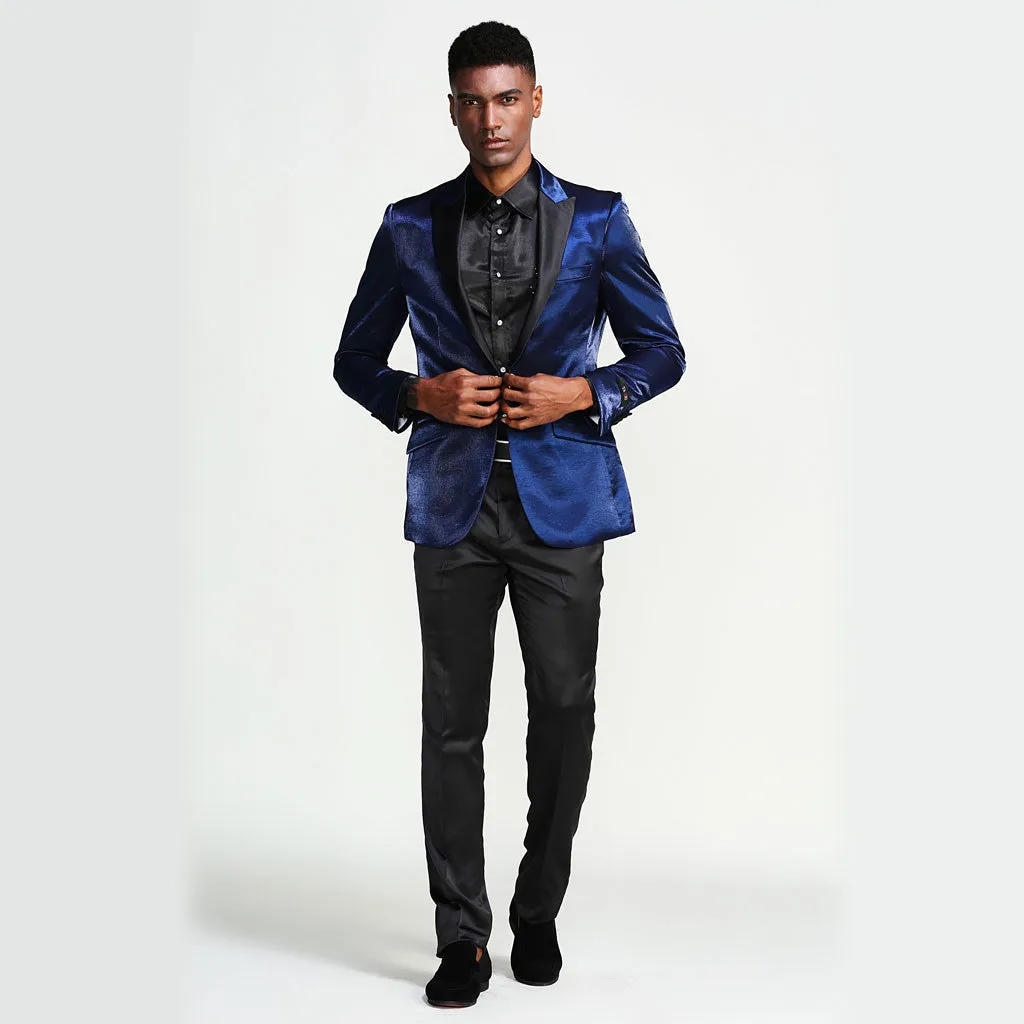 Navy Prom Tuxedo Jacket -  Shiny Slim With Black Lapel