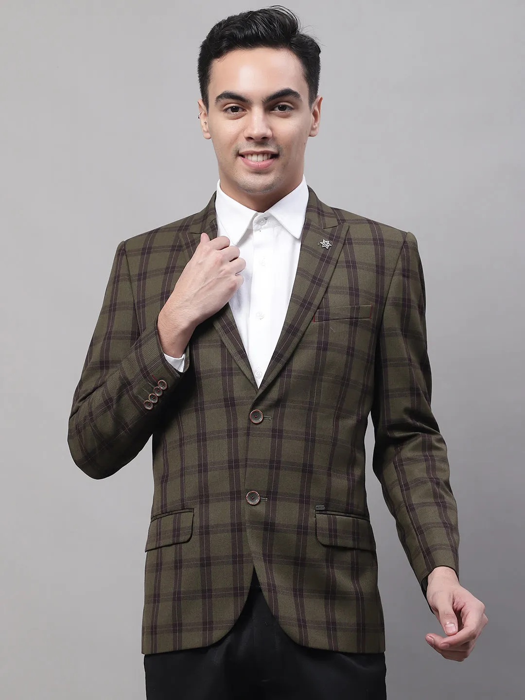 Olive Checkered Full Sleeves Formal Blazer For Men