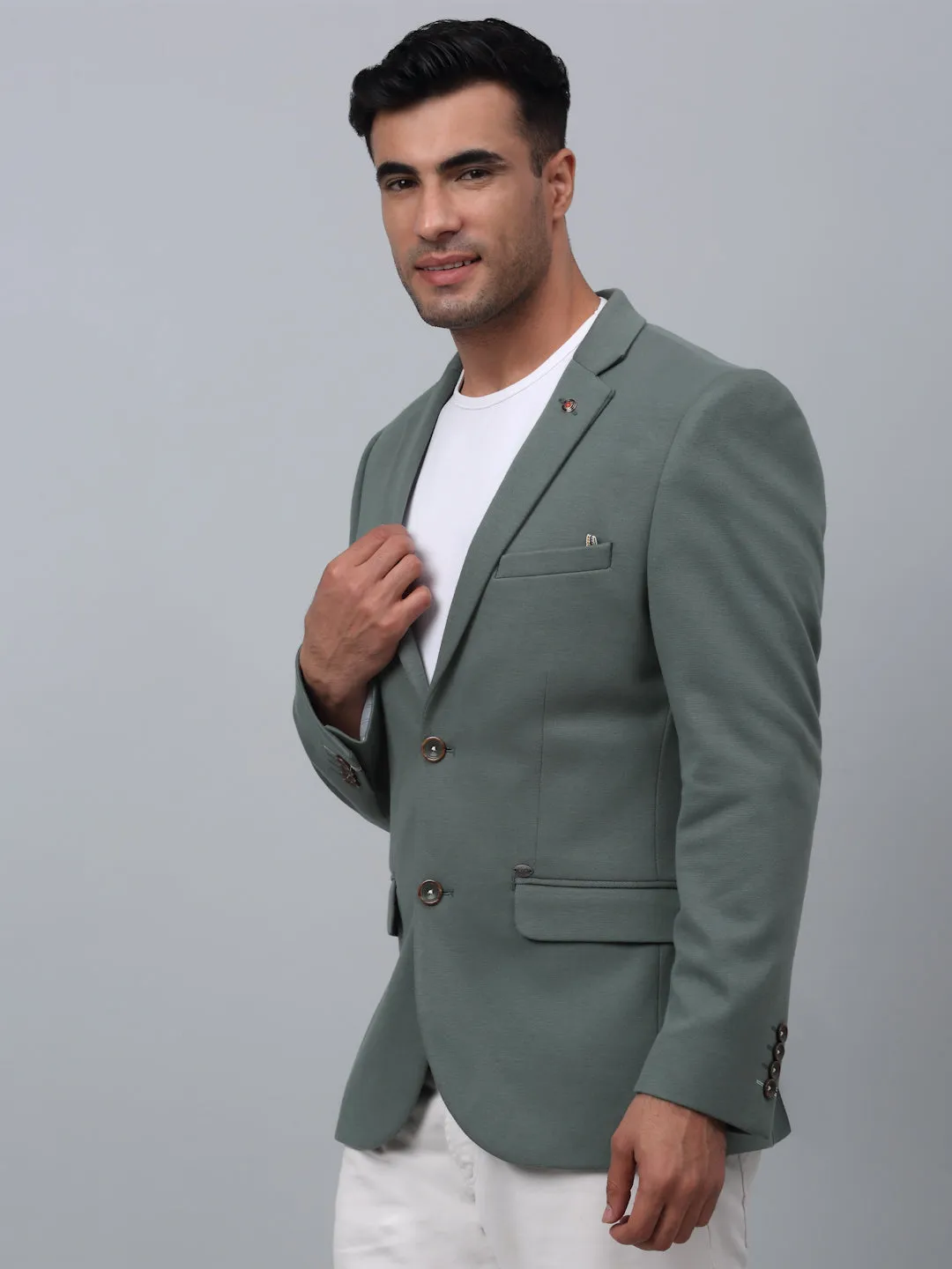 Olive Green Solid Full Sleeves Casual Blazer For Men