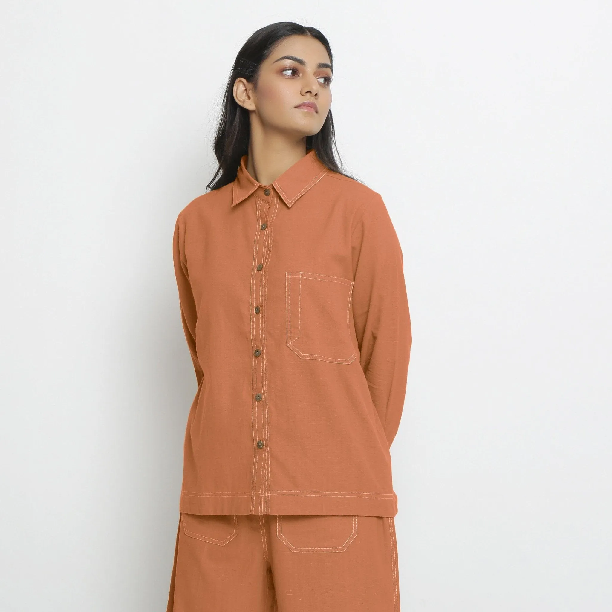 Orange Handspun Cotton Button-Down Shirt