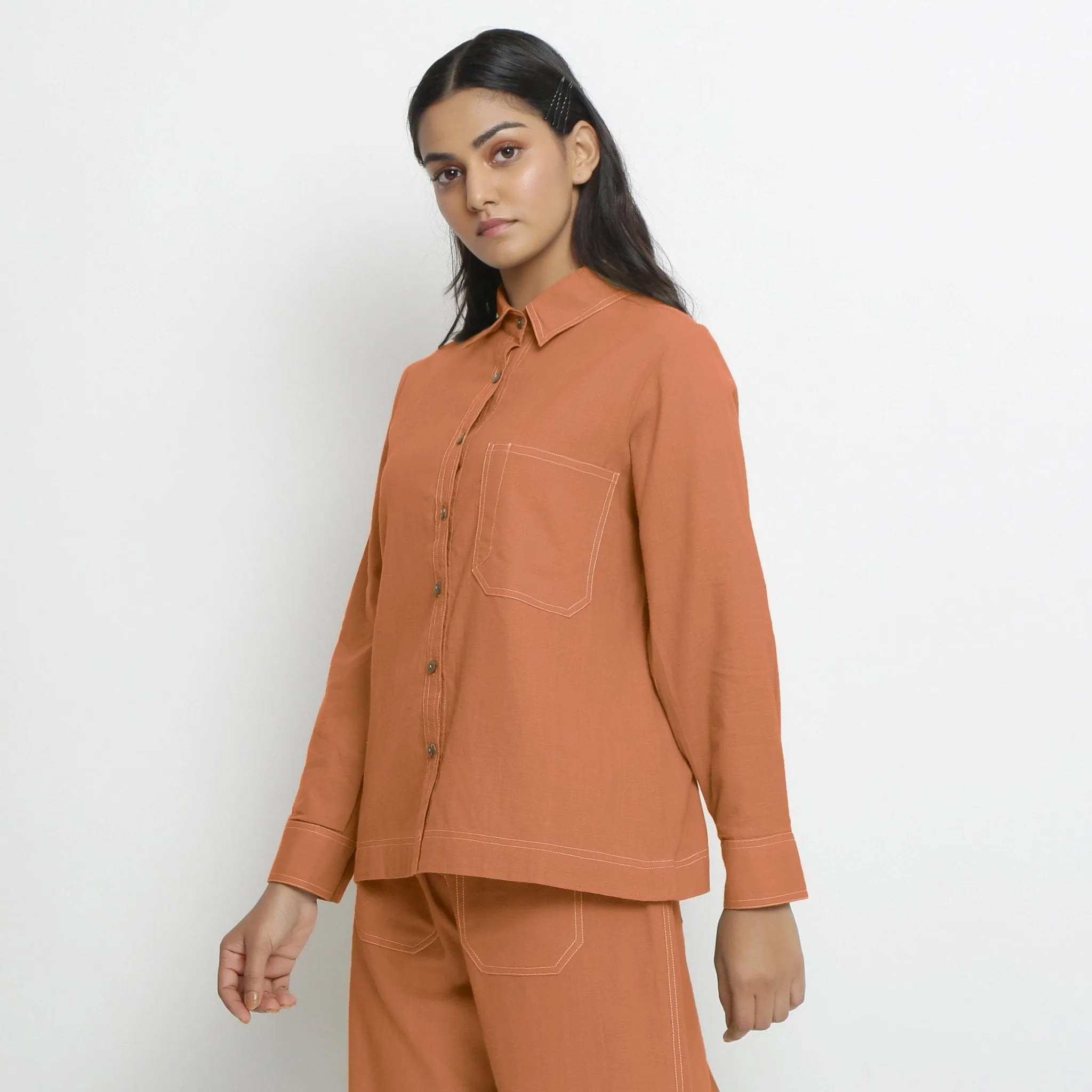 Orange Handspun Cotton Button-Down Shirt