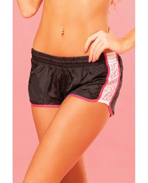 Pink Lipstick Sweat Sequin Running Short W-built In Panty & Draw String Closure Black Lg