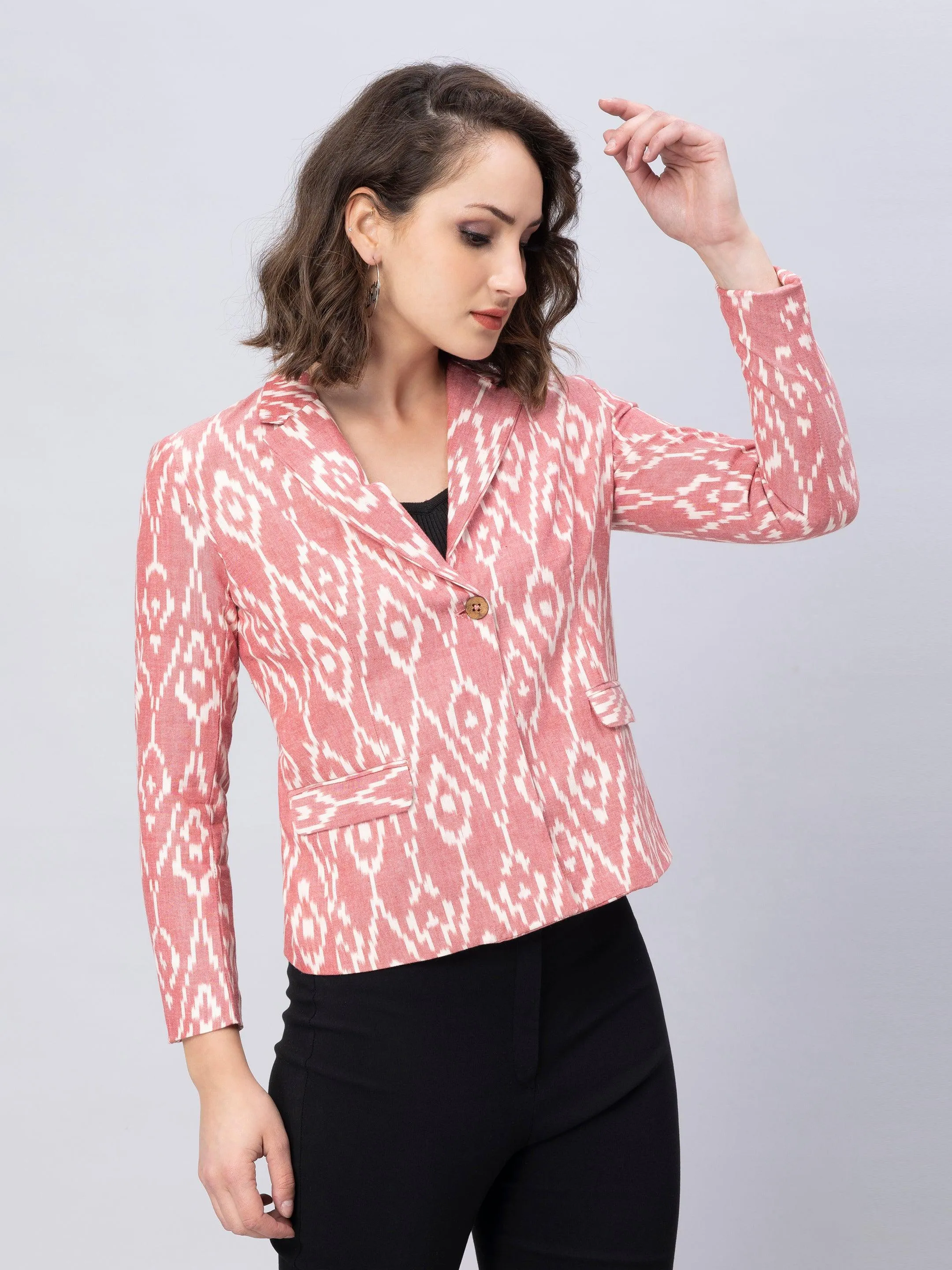 Pink Woven Ikkat Blazer In Pure Cotton