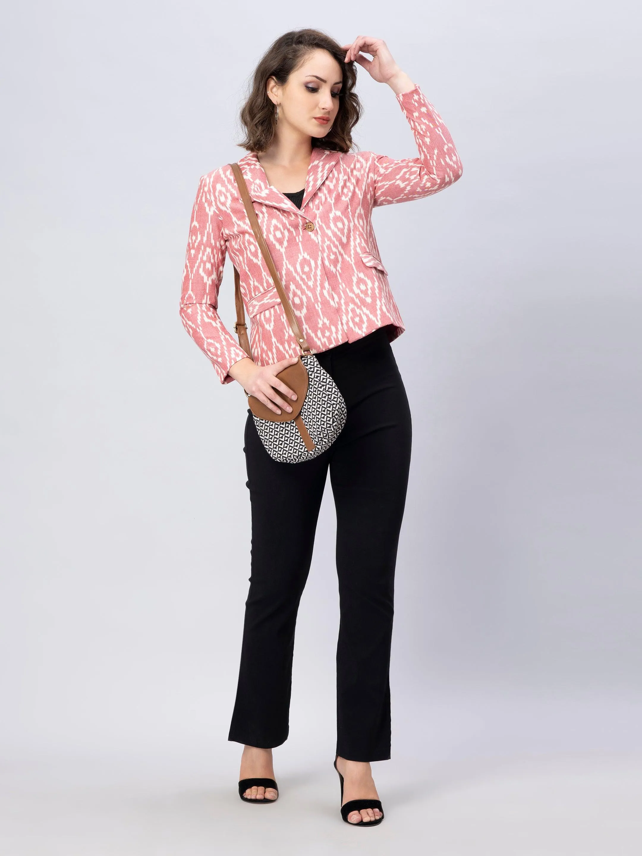 Pink Woven Ikkat Blazer In Pure Cotton