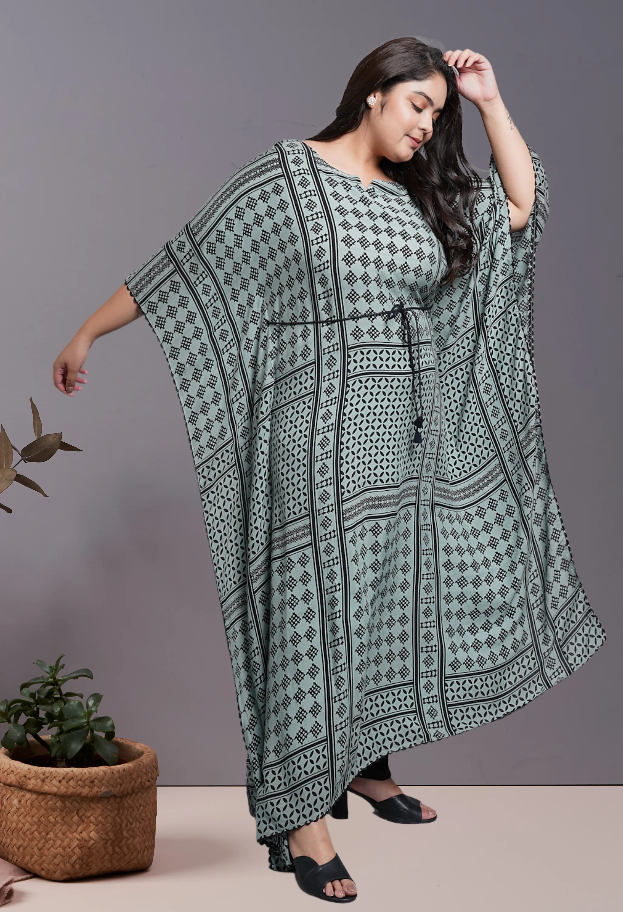 Plus Size Pistachio Green Kaftan Kurta Pant Set