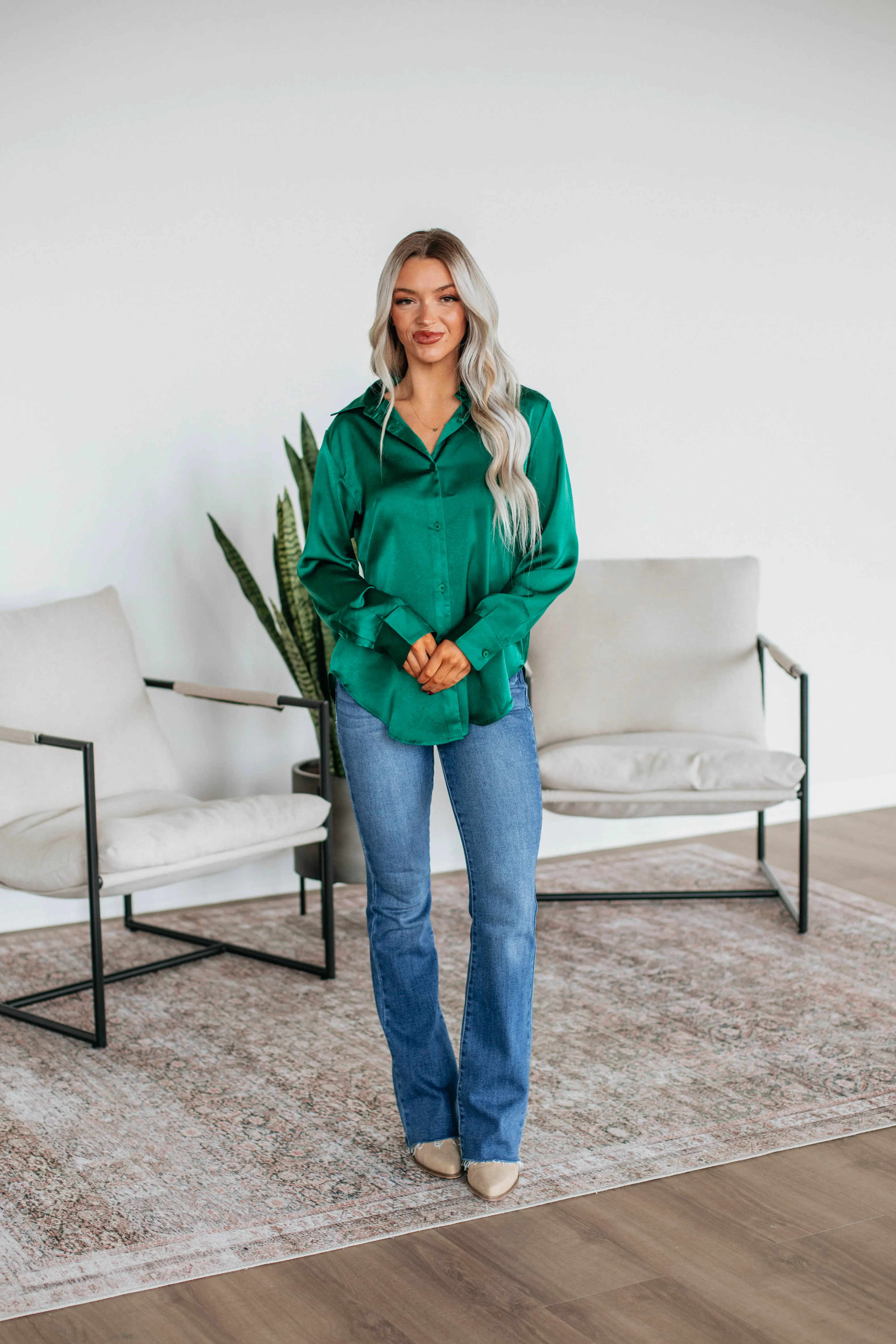 Quinn Button Down Blouse - Hunter Green