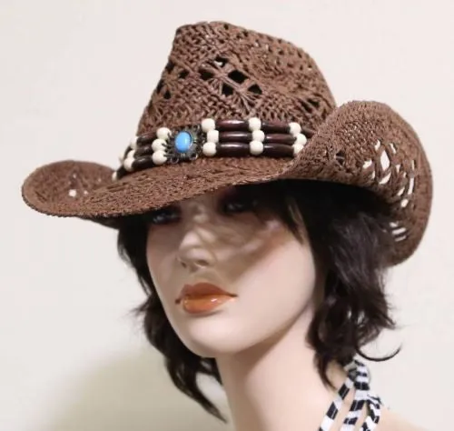 Straw Cowboy Hat Cowgirl Hat Boho Western Sun Hat Comes With Turquoise Hairpipe Hat Band Available In Snakeskin Print Or Dark Brown