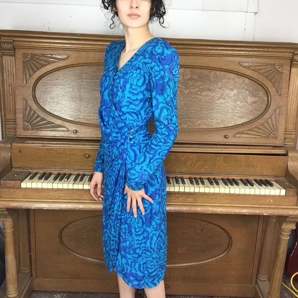 Vintage 80s | Blue Floral Boho Draped Wrap Dress | S/M