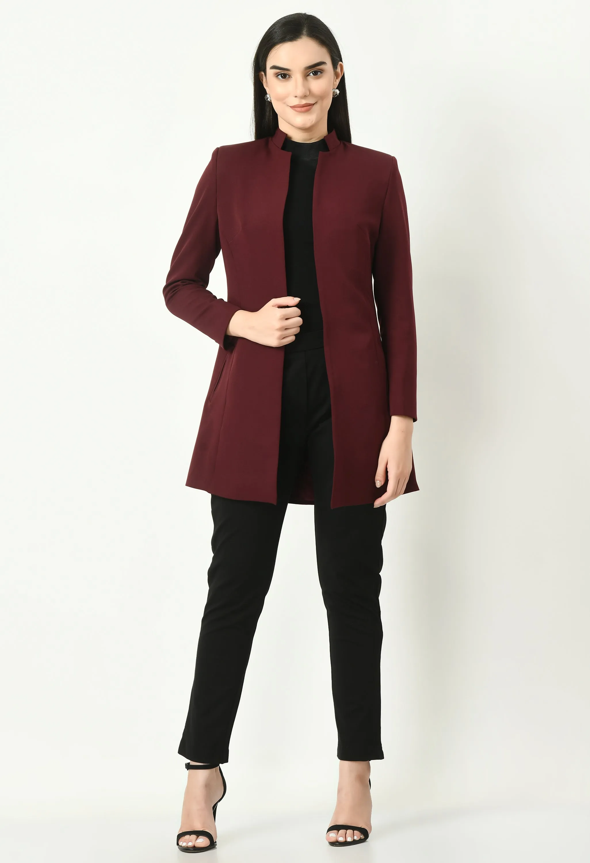 Wine Cotton Blend Supremacy Solid Long Blazer