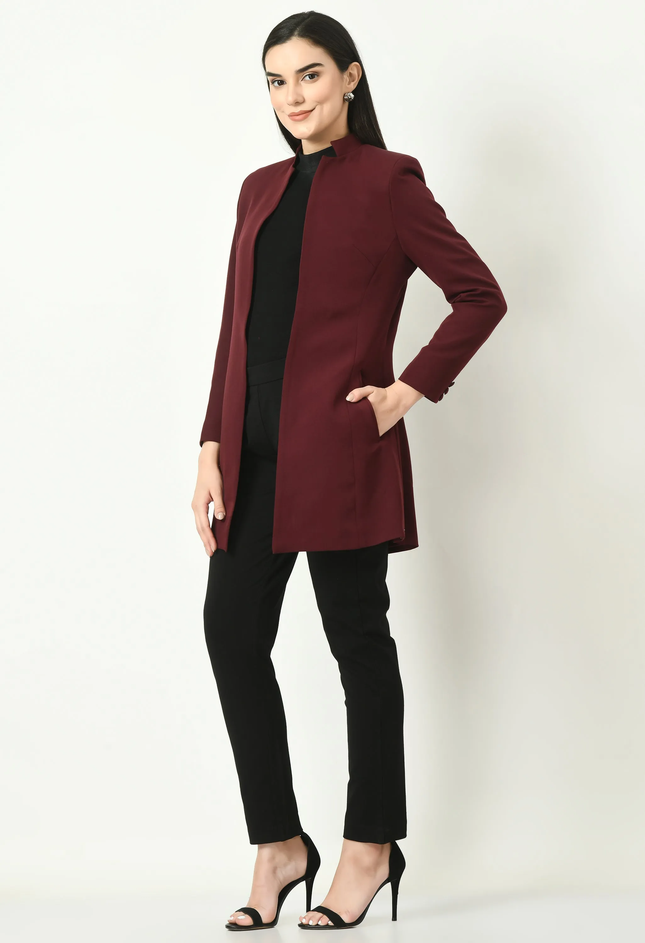 Wine Cotton Blend Supremacy Solid Long Blazer