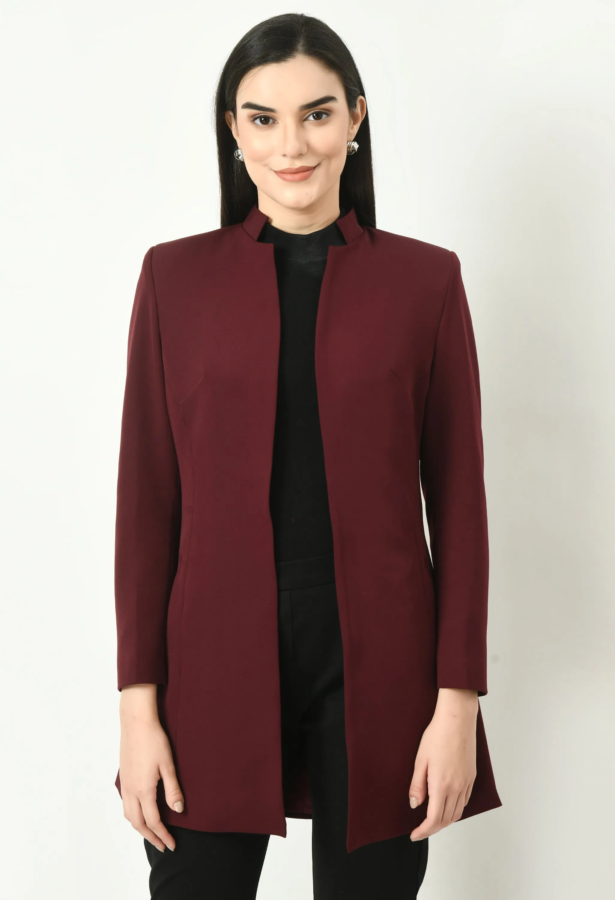 Wine Cotton Blend Supremacy Solid Long Blazer