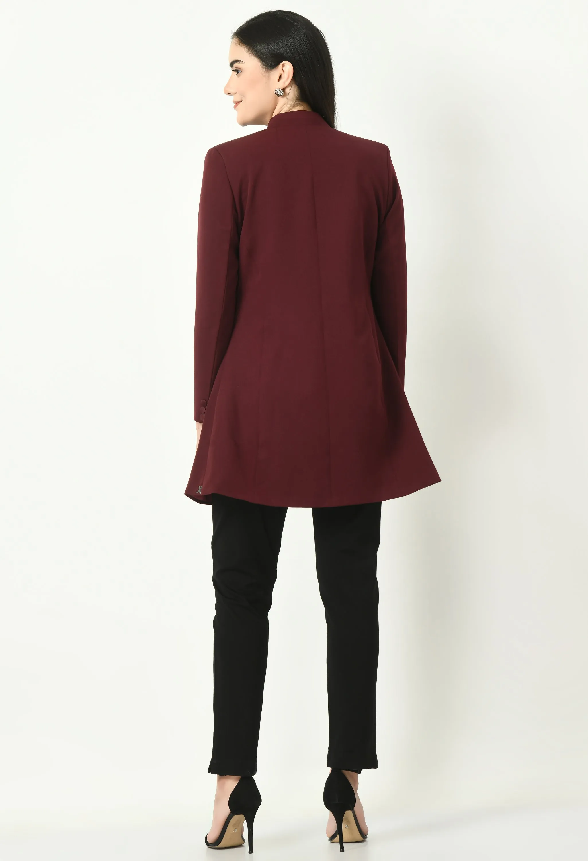 Wine Cotton Blend Supremacy Solid Long Blazer