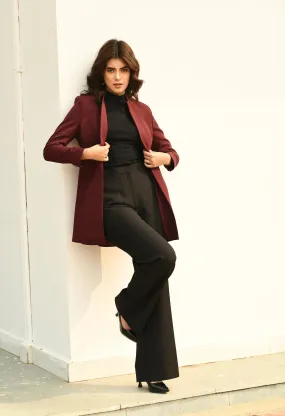 Wine Cotton Blend Supremacy Solid Long Blazer