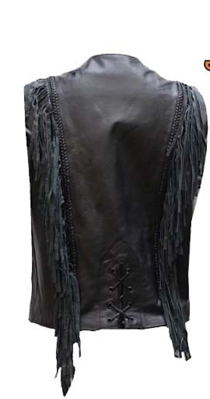 Womens Black Leather Motorcycle Vest With Braid and Fringes