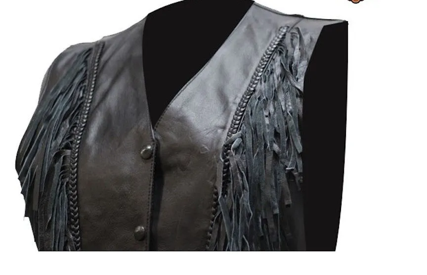 Womens Black Leather Motorcycle Vest With Braid and Fringes