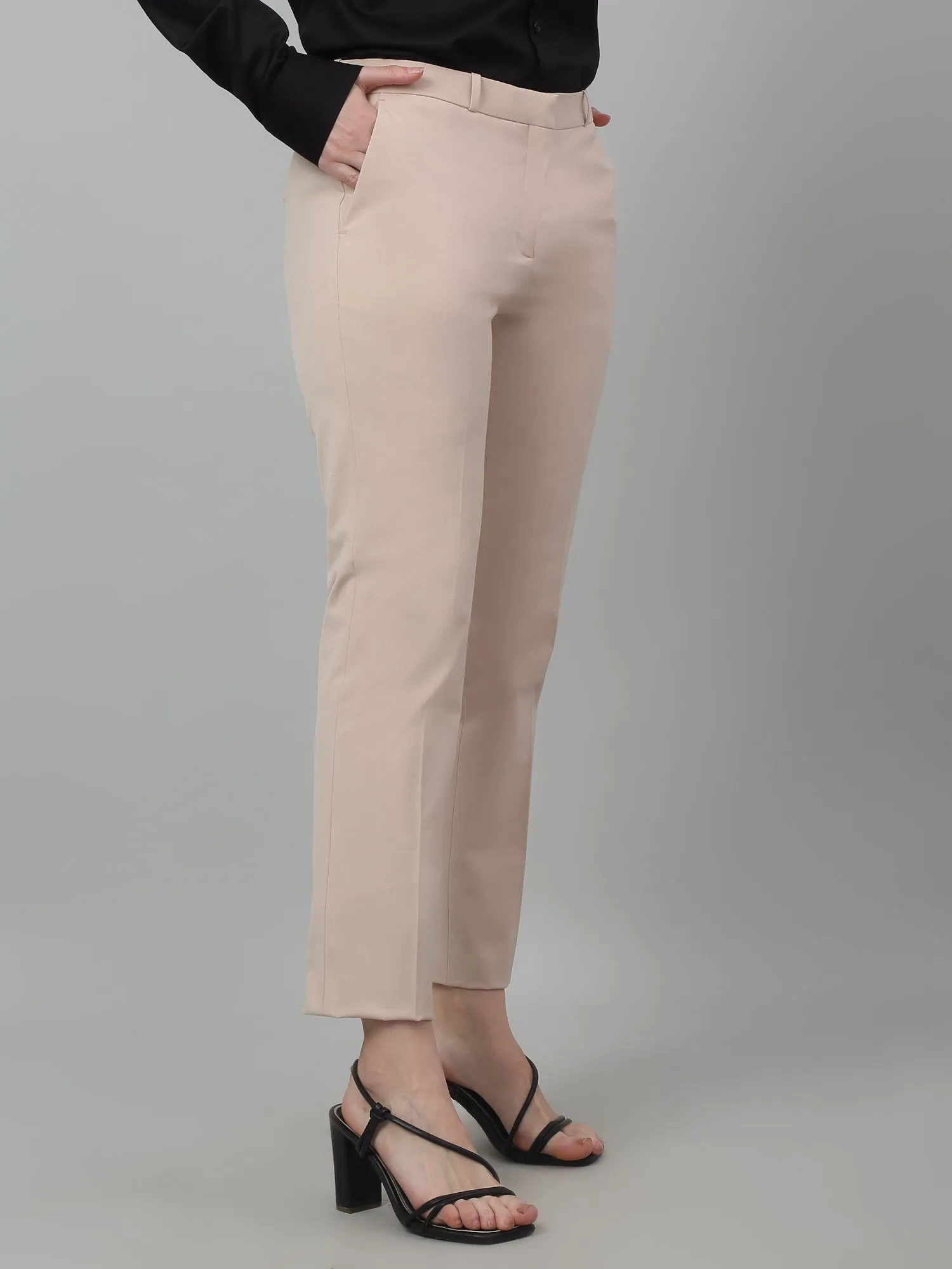 Women's Formal Flat Front Beige Full length Mid rise Trousers