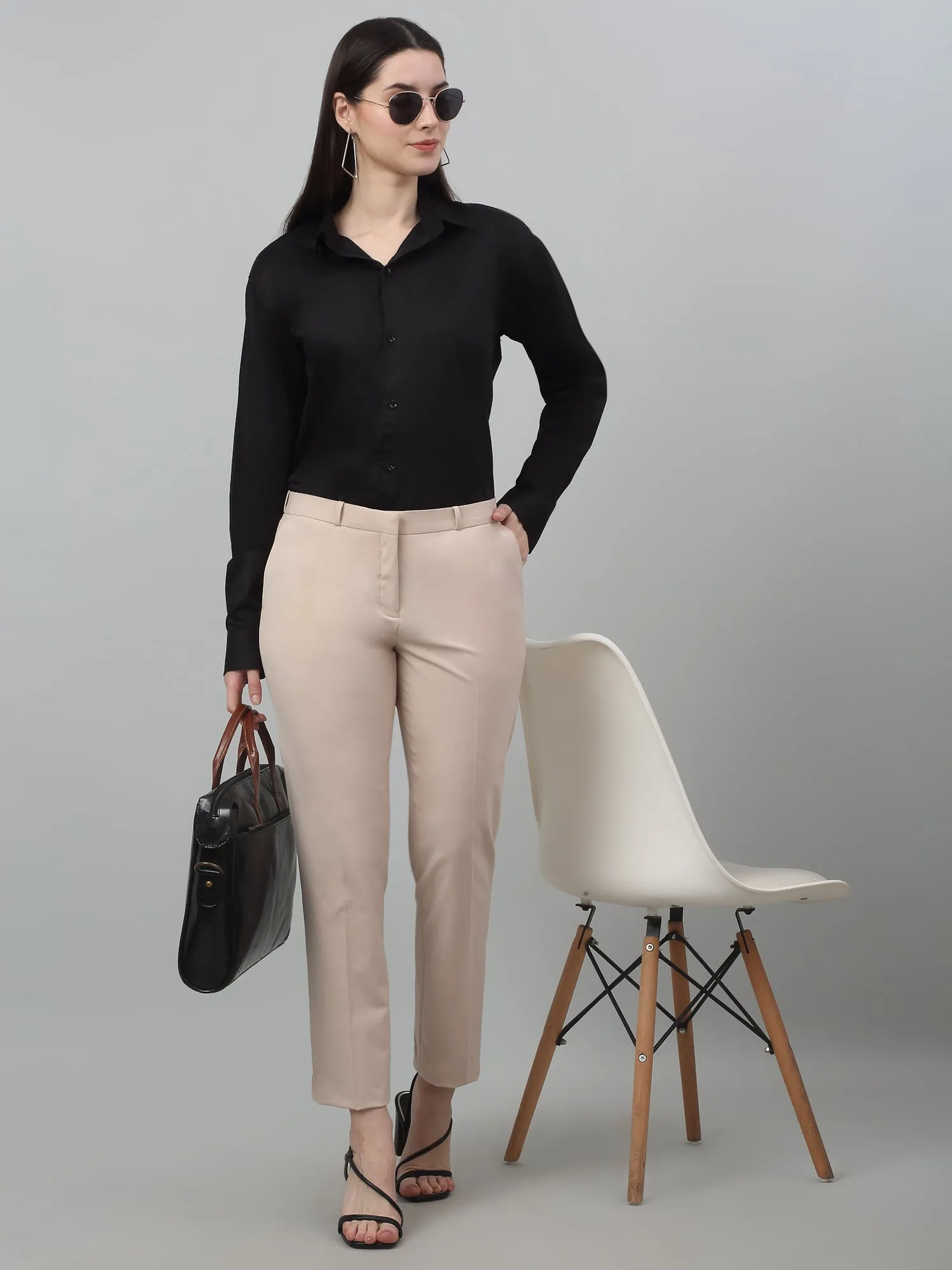 Women's Formal Flat Front Beige Full length Mid rise Trousers