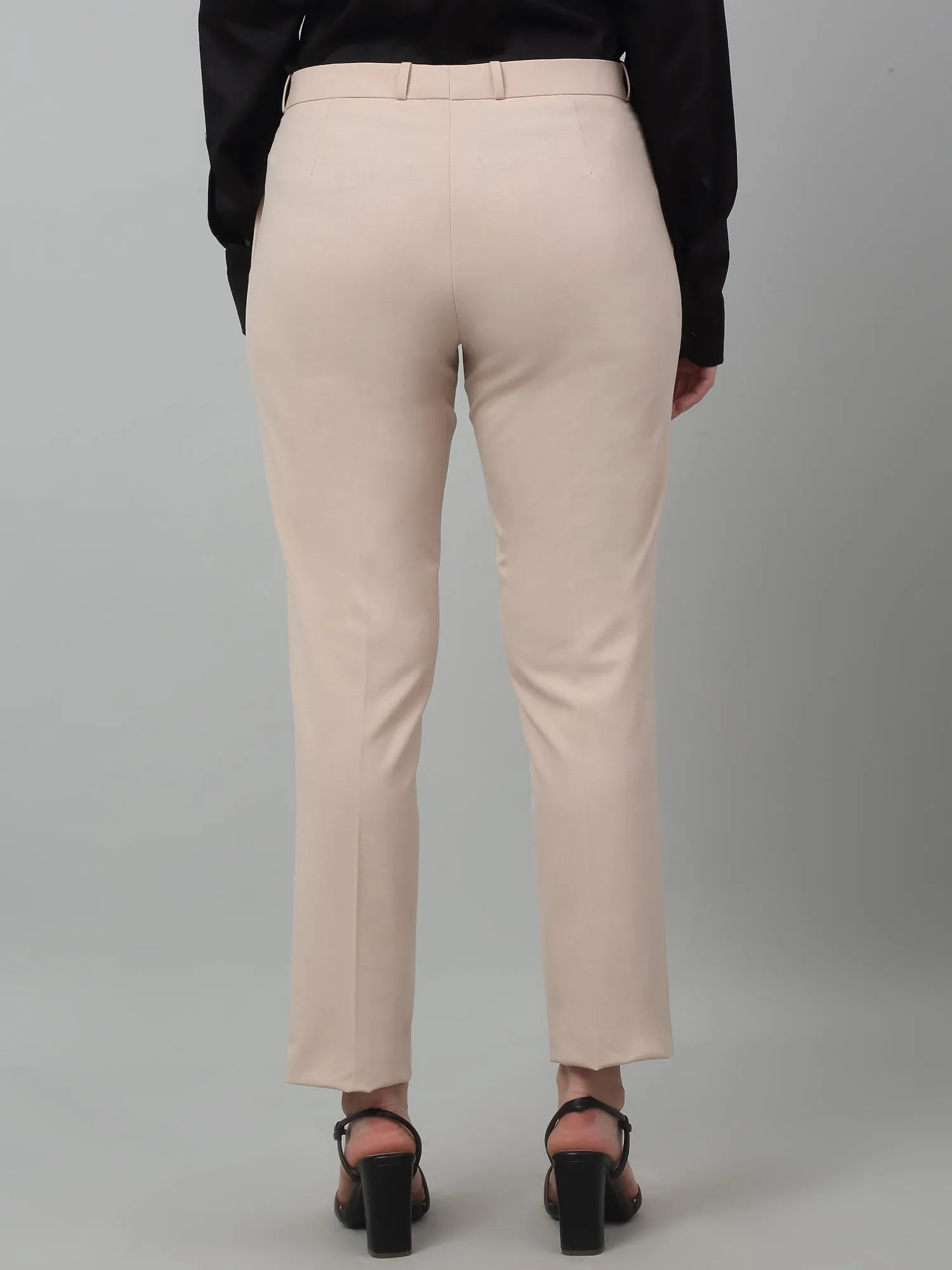 Women's Formal Flat Front Beige Full length Mid rise Trousers