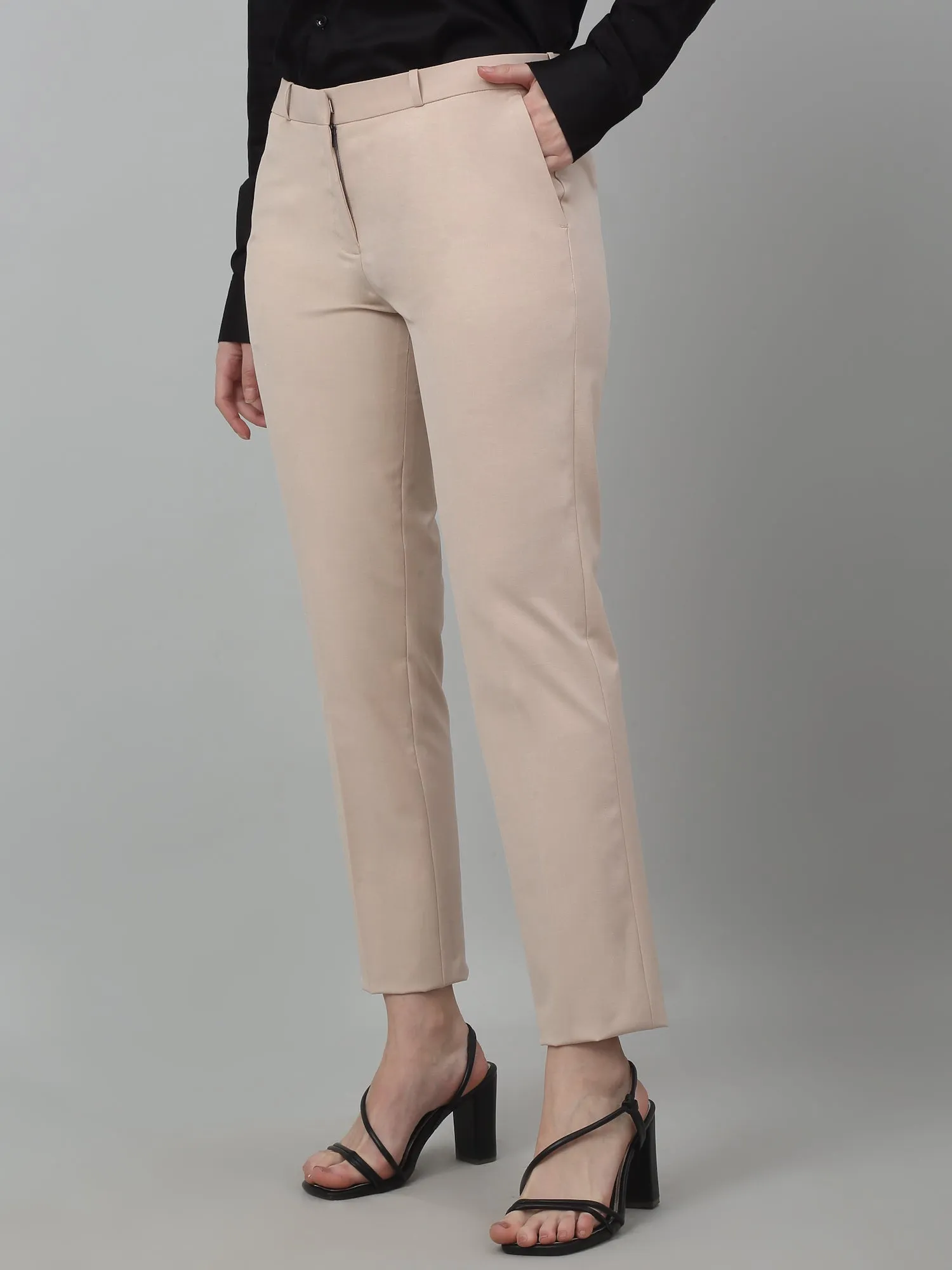 Women's Formal Flat Front Beige Full length Mid rise Trousers