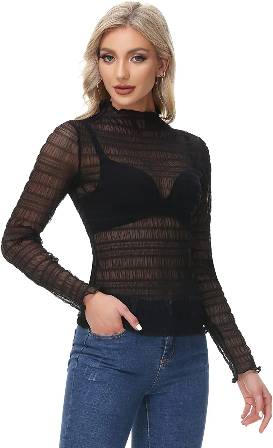 Women's Mesh Tops Long Sleeve Sheer Blouse Sexy Shirt High Neck Clubwear