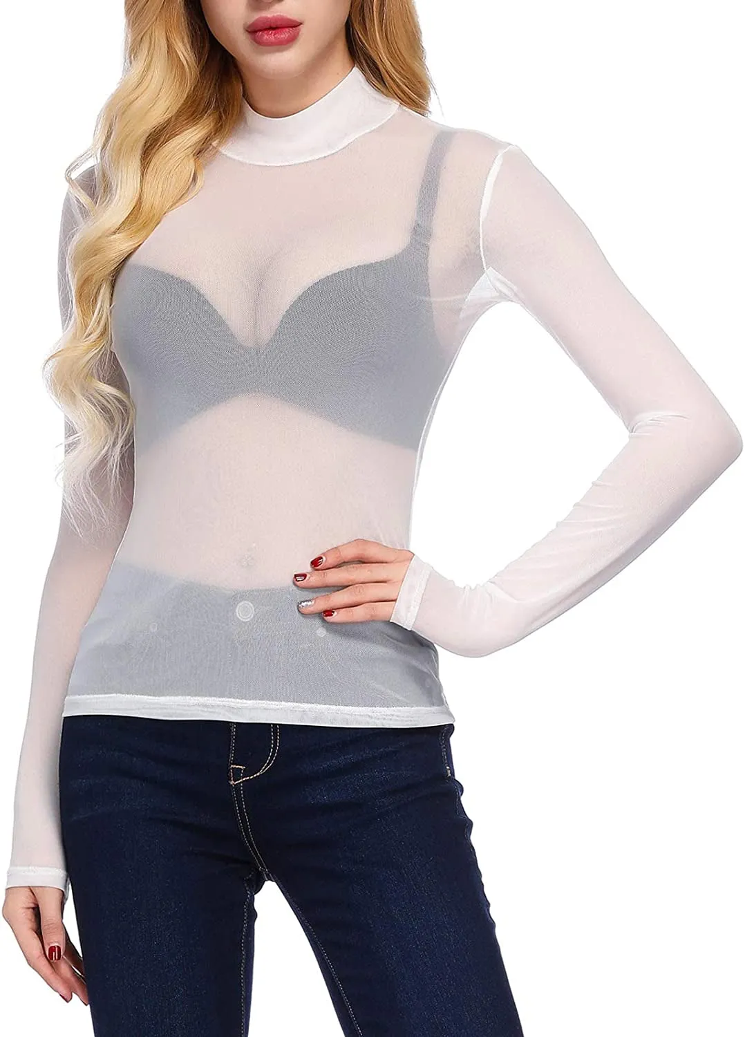 Women's Mesh Tops Long Sleeve Sheer Blouse Sexy Shirt High Neck Clubwear