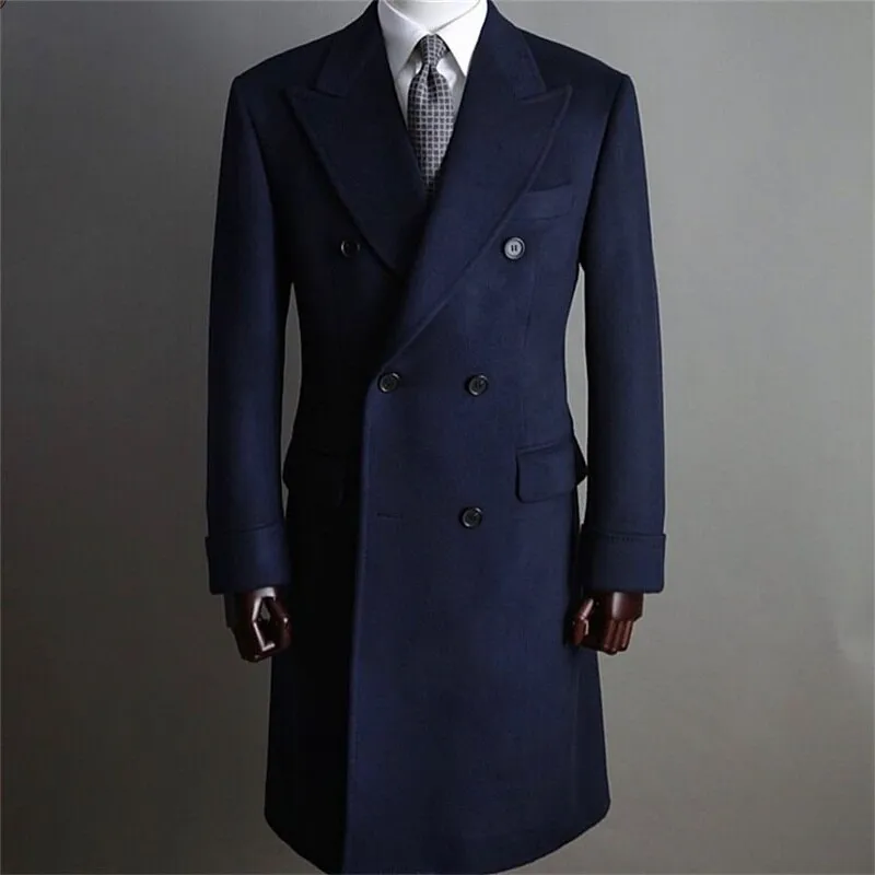 xiangtuibao Formal Navy Men Suits Thick Wool Custom Made Men Jacket Double Breasted Tuxedos Peaked Lapel Blazer Business Long Coat