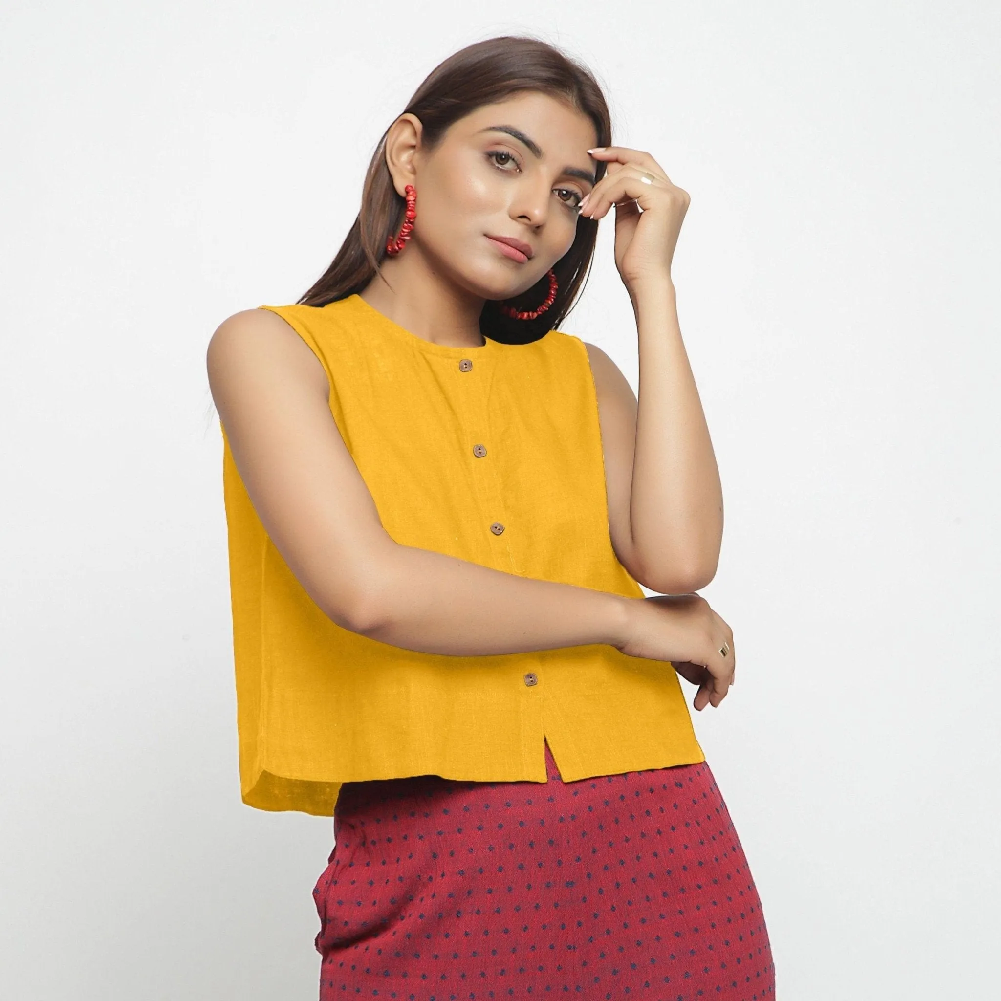 Yellow Cotton Flax Button-Down Short Shirt