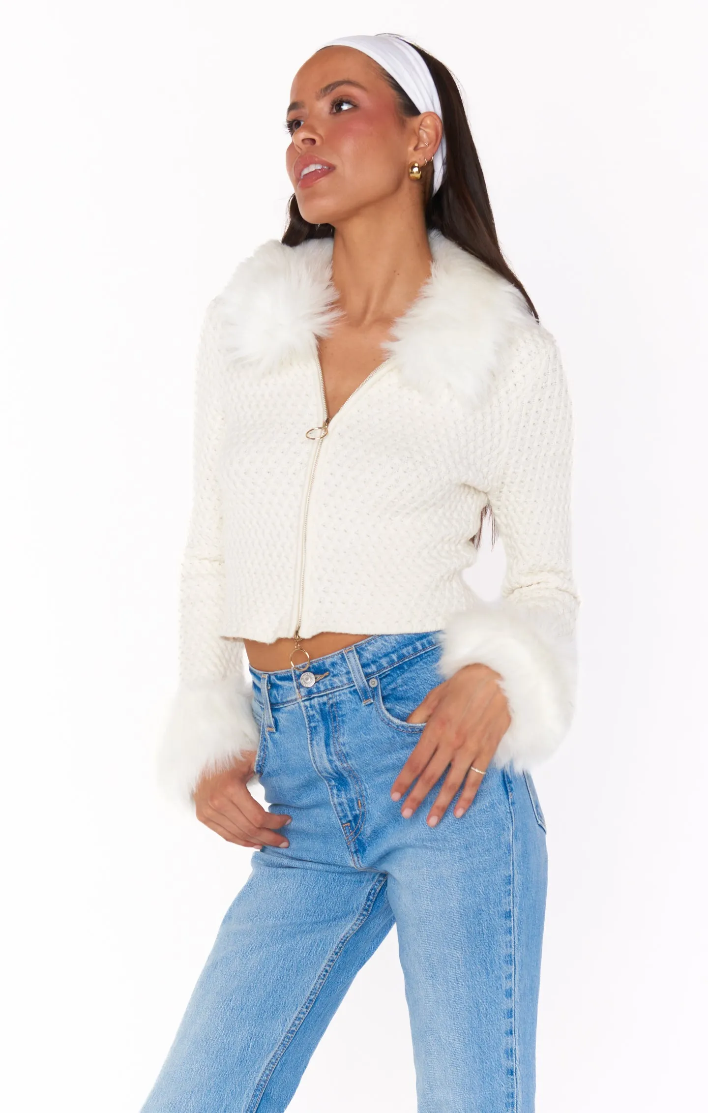 Zermatt Zip Up ~ White Pebble Knit with Faux Fur